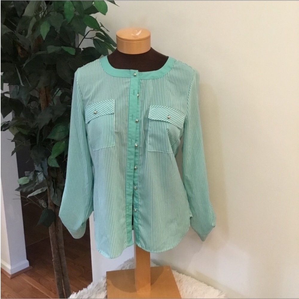Elementz green white striped button down silver buttons Womans Medium